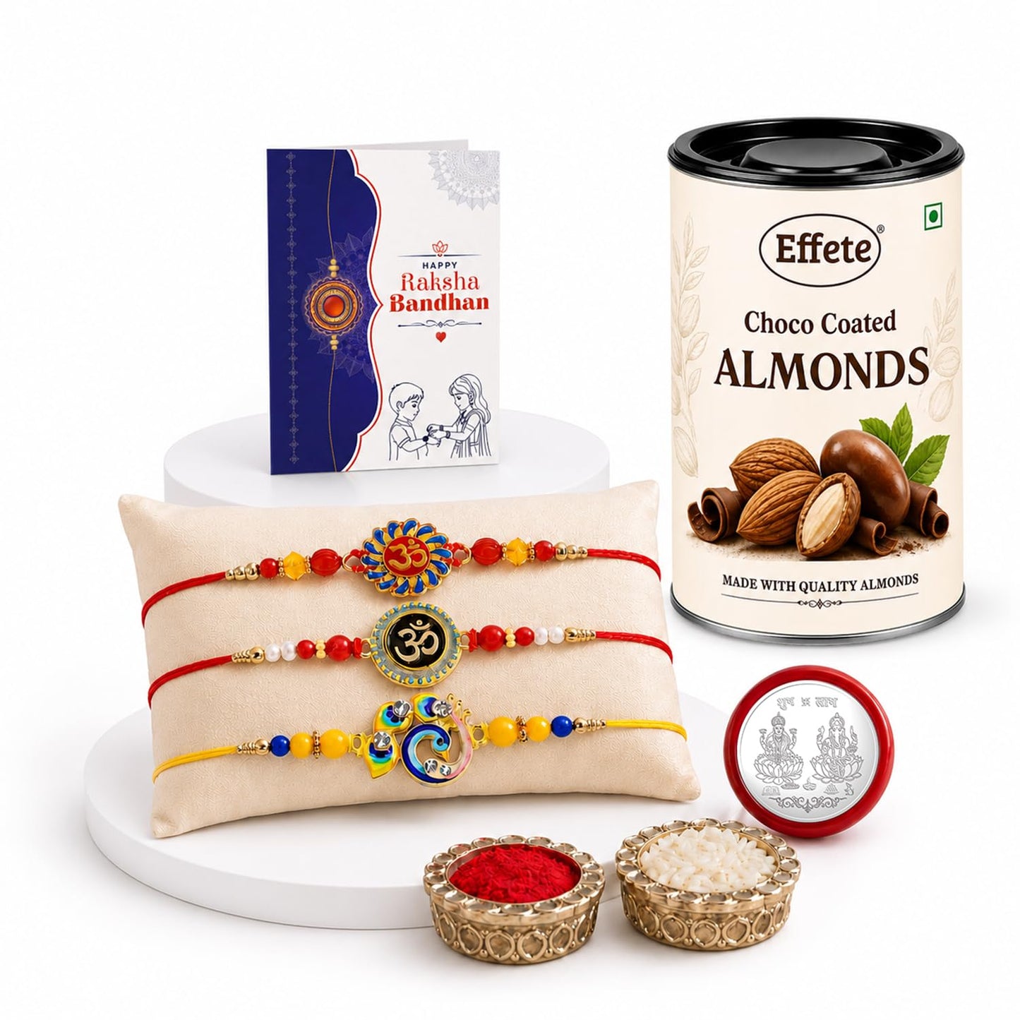 Om, Bird, Om Rakhi Combo - Raksha Bandhan Gift with Choco Almonds 96gm, Pack of 7