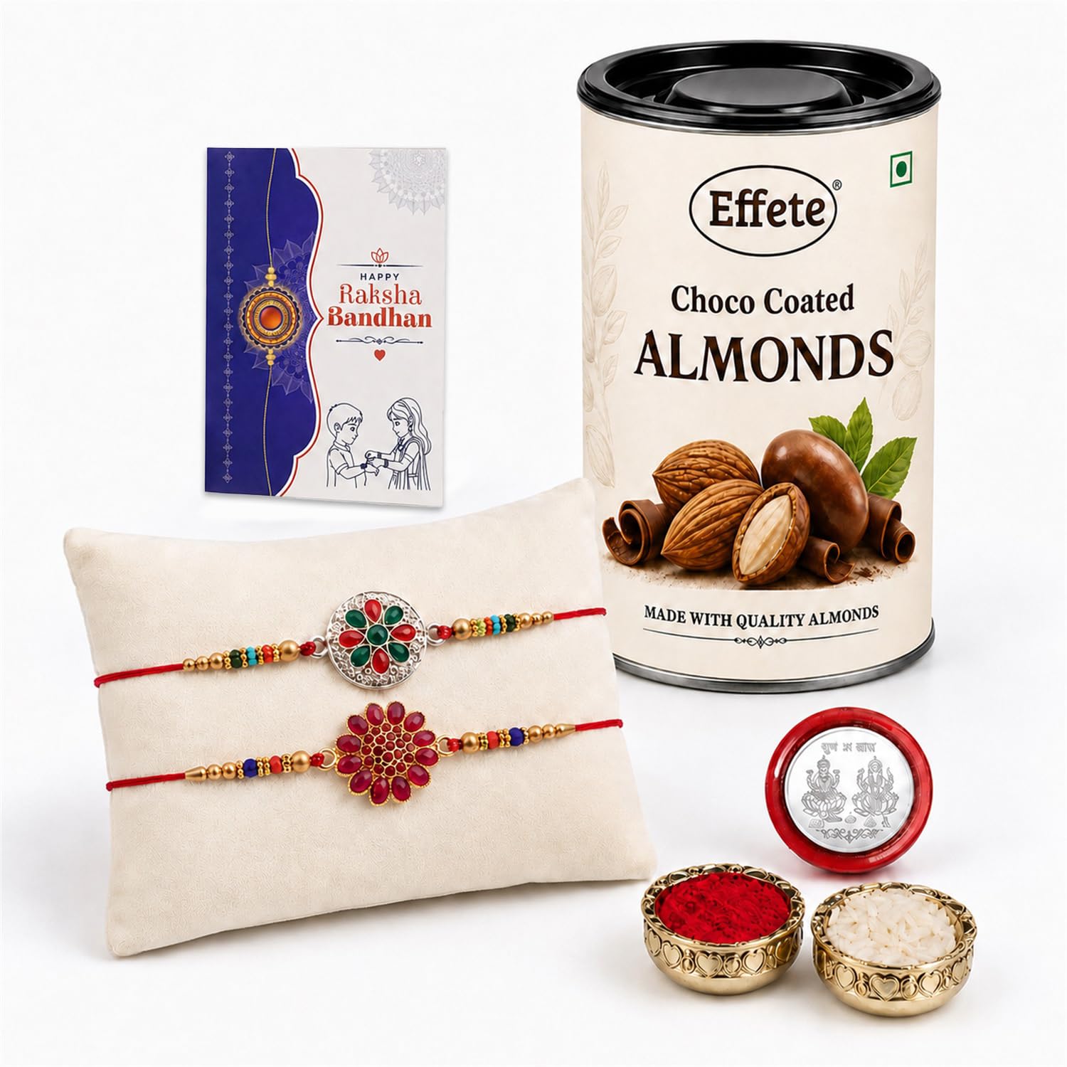 Designer Rakhi for Brother with Choco Almonds 96gm, Roli Tikka & Card - Pack of 6