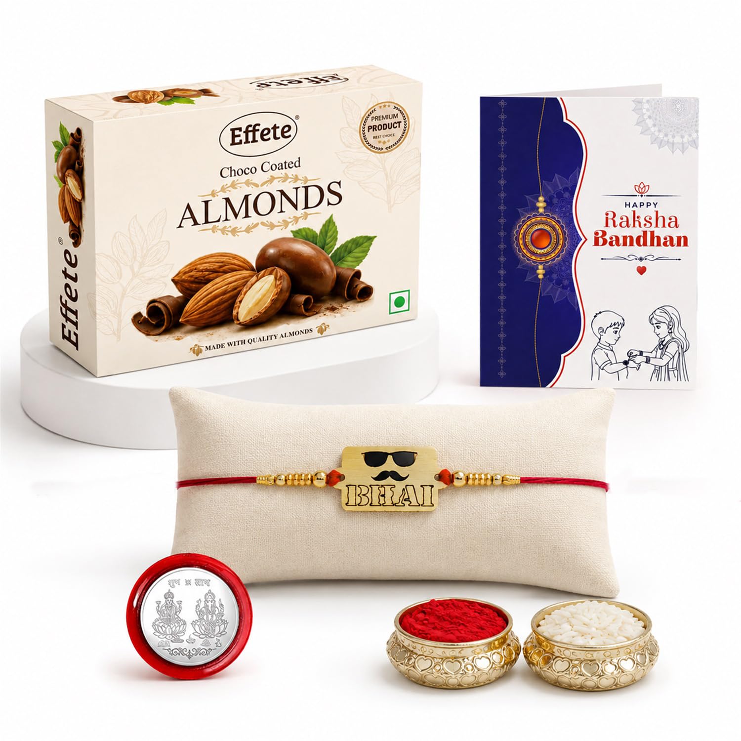 Designer Rakhi for Brother with Choco Almonds 32gm, Roli Tikka & Card, Pack of 5