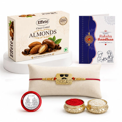 Designer Rakhi for Brother with Choco Almonds 32gm, Roli Tikka & Card, Pack of 5