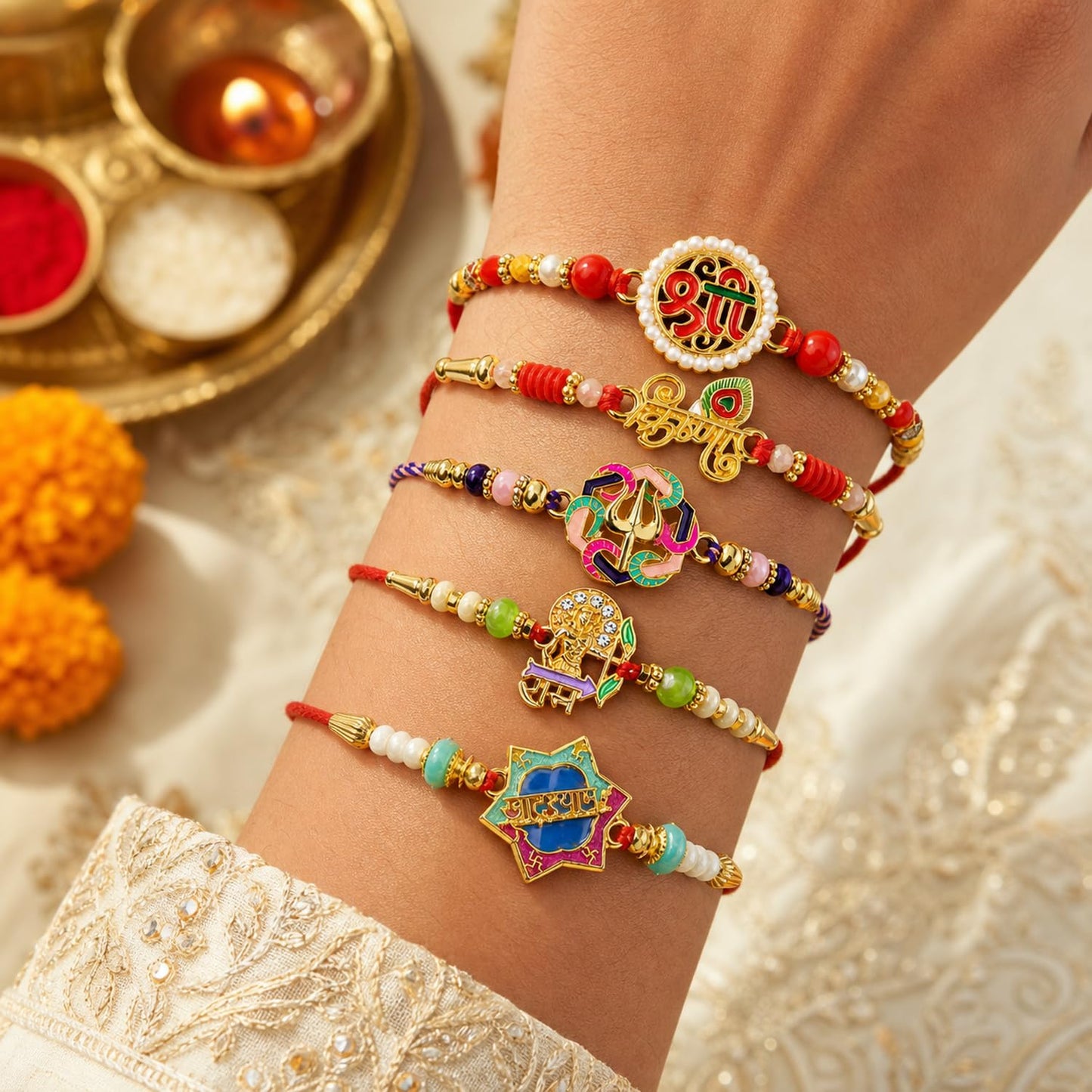 Designer Sacred Rakhi for Brother with Roli Tikka, Pooja Coin & Card, Pack of 8