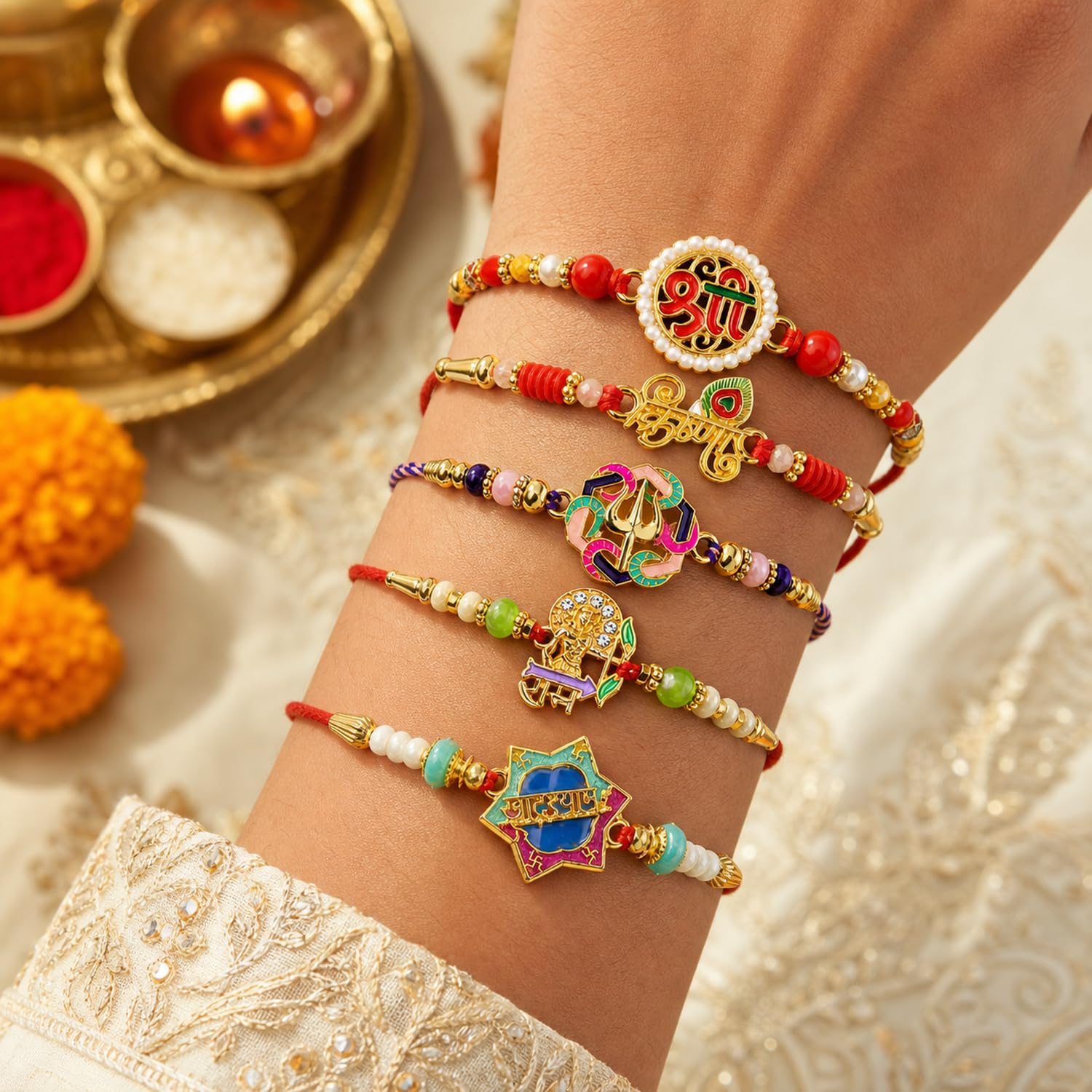 Designer Sacred Rakhi for Brother with Roli Tikka, Pooja Coin & Card, Pack of 8