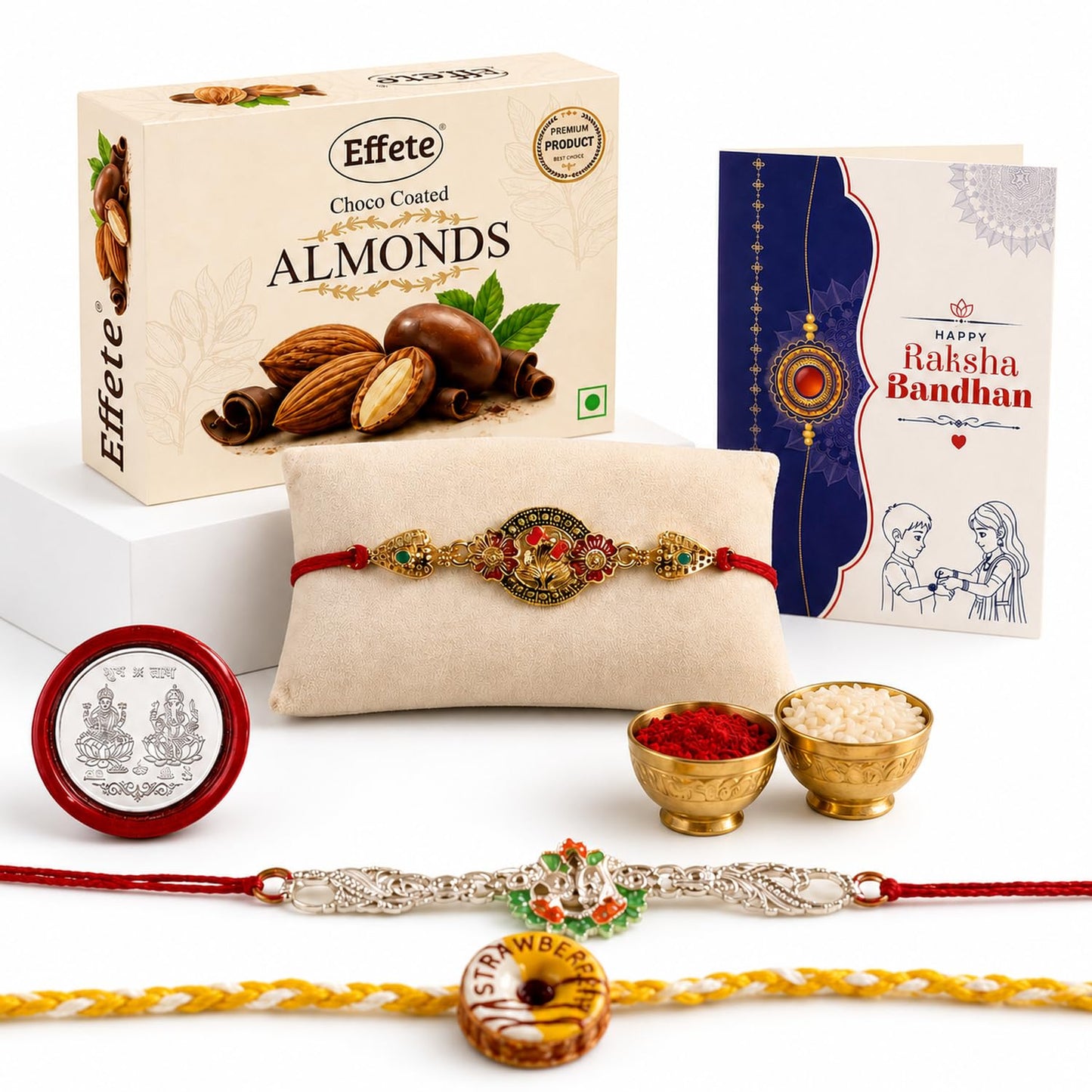 Donut Rakhi for Brother with Chocolate Almonds 32gm, Roli Tikka & Card, Pack of 7
