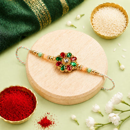 Floral Kundan Multicolor Rakhi for Brother & Bhaiya with Ganesha | Pack of 5