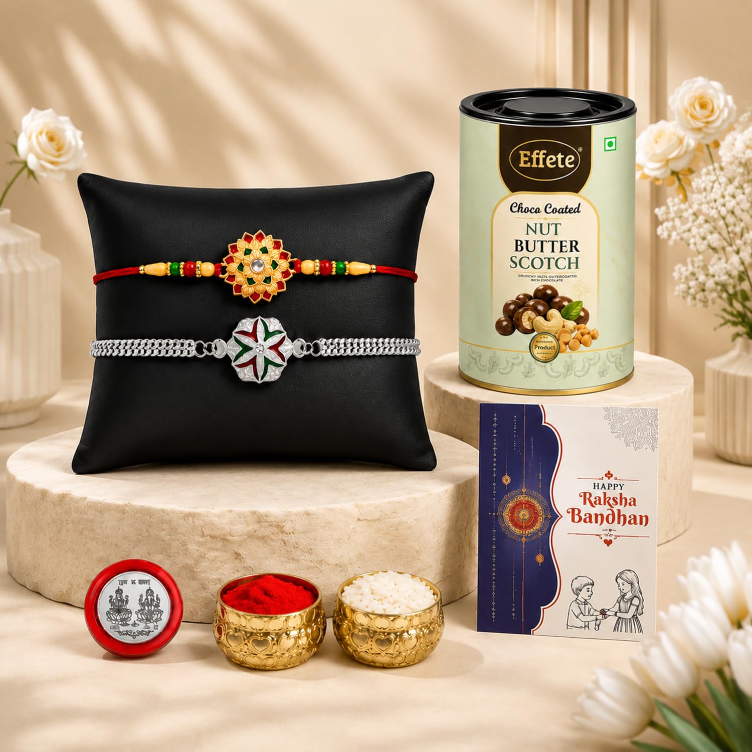 Flower Rakhi for Brother with Butter Scotch 96gm, Roli Tikka & Card | Pack of 6