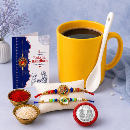 Multicolor Rakhi & Coffee Mug – Raksha Bandhan Gift Combo for Bhai Set (Pack of 6)