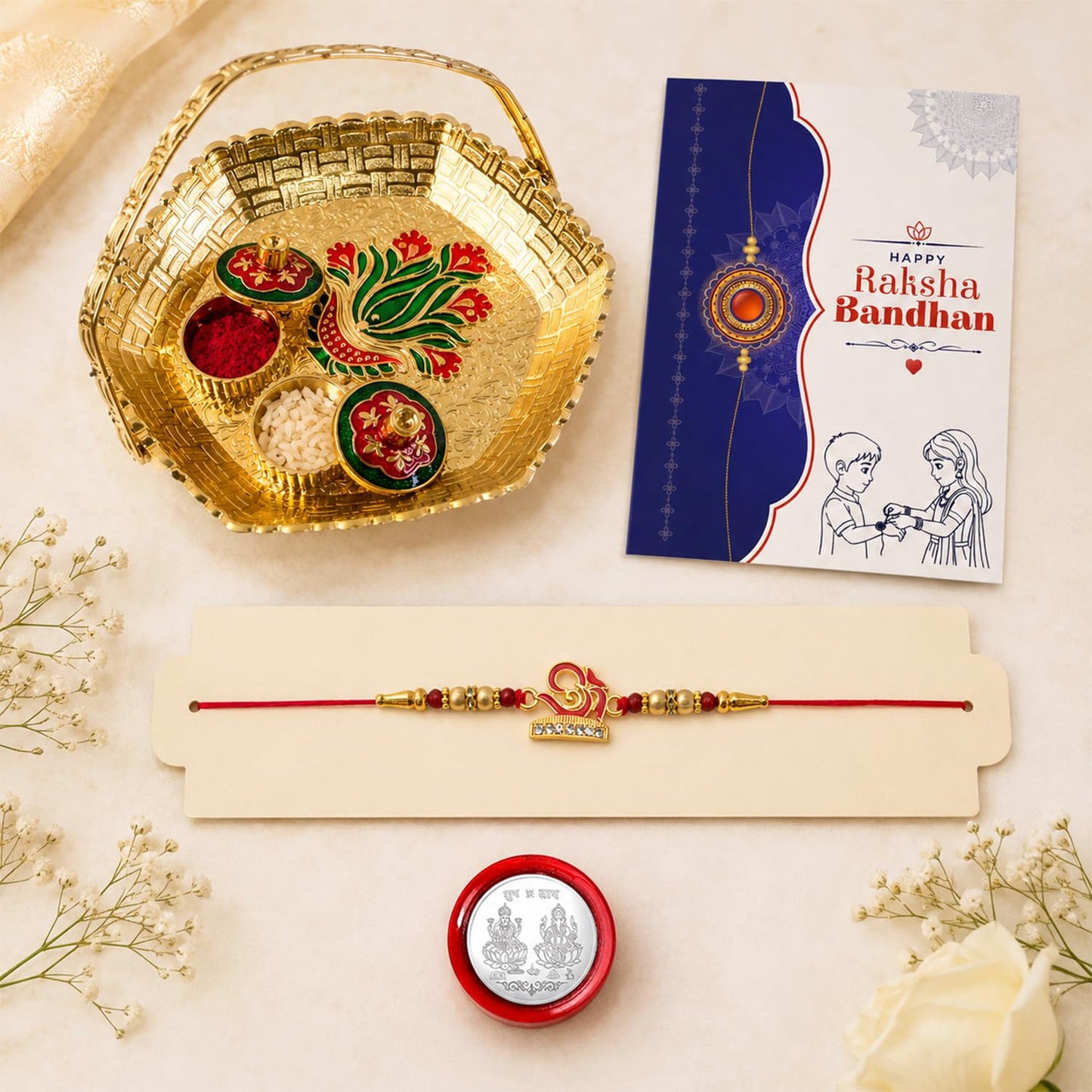 Multicolor & Basket-Topli Pooja Thali with Silver Color Pooja Coin, Roli Chawal Rakhi For Raksha Bandhan