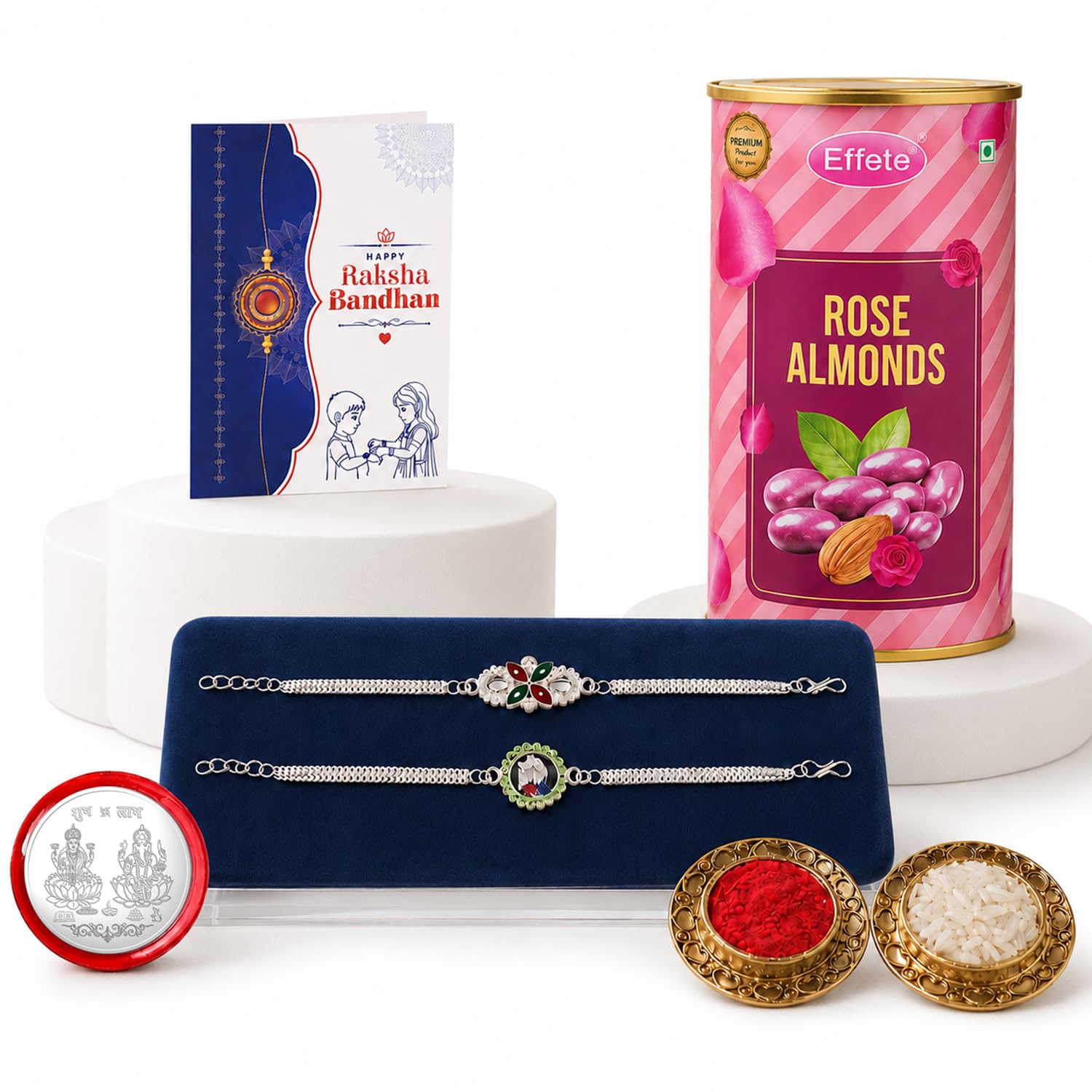 Silver Color Rakhi for Brother with Rose Almond 96gm, Coin & Card, Pack of 6