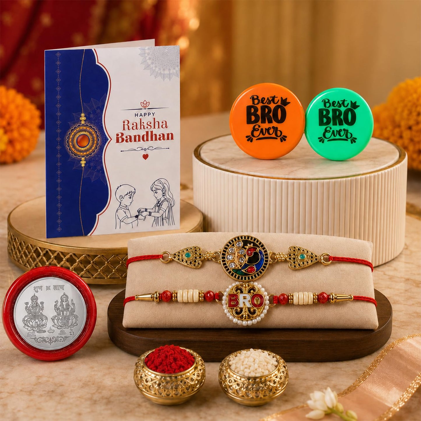 Rakhi with Magnet for Brother – Multi Design Round Shape Rakhi 2 Pcs with Fridge
