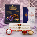 Om Rakhi for Brother with Blueberry Wafer Rolls, Roli Tikka & Card, Pack of 7
