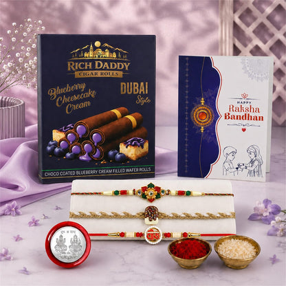 Om Rakhi for Brother with Blueberry Wafer Rolls, Roli Tikka & Card, Pack of 7