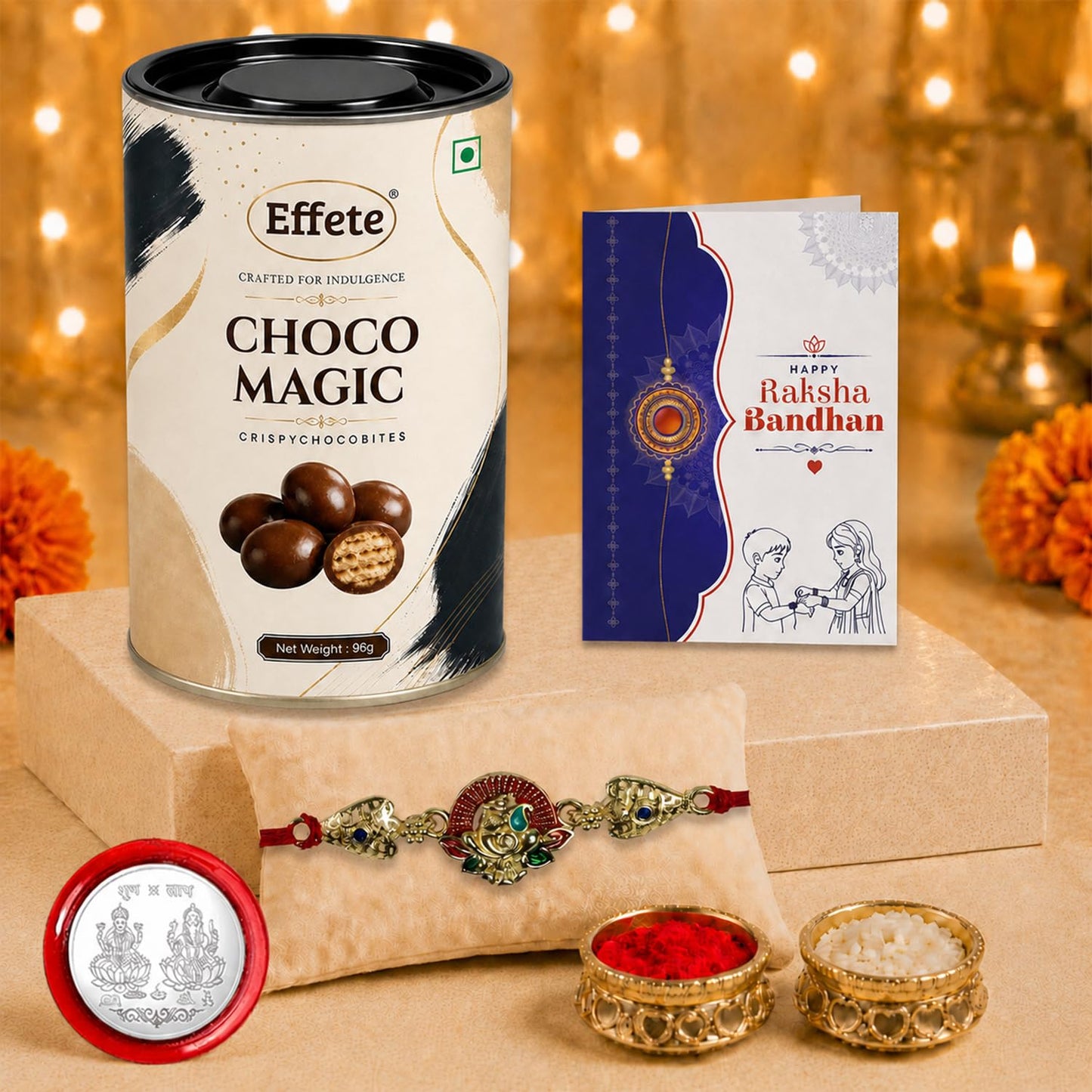 Floral Rakhi for Brother with Chocolate Magic 96gm, Roli Chawal & Card, Pack of 5
