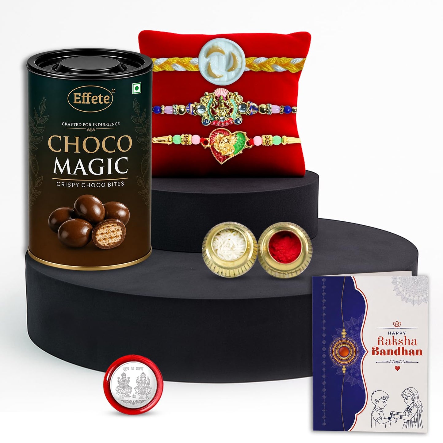 Ganesha Rakhi for Brother with Choco Magic 96gm, Roli Tikka & Card | Pack of 7