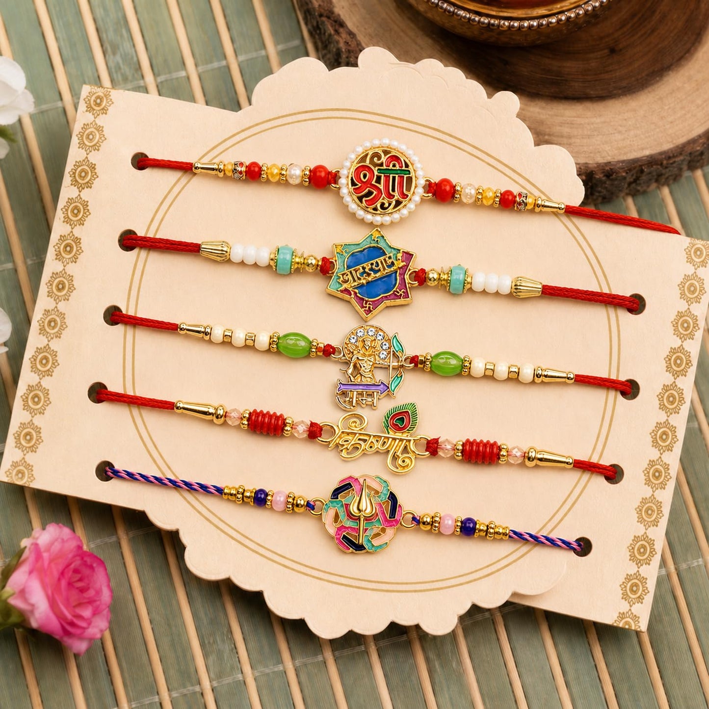 Elegant Divine Rakhi for Brother with Roli Tikka, Pooja Coin & Card, Pack of 8