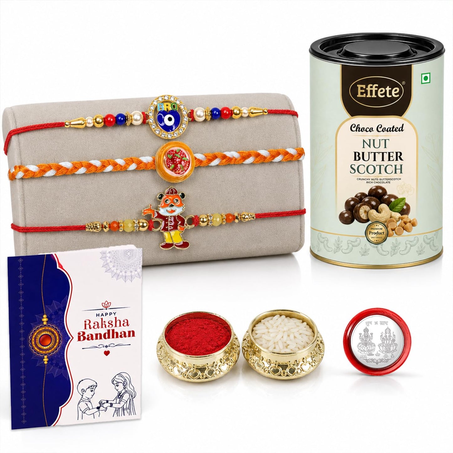 Rakhi Set for Brother (Set of 7) – Cute Design, Strawberry & Evil Eye Rakhi Combo with Chocolate, Roli Chawal, Silver Color Coin & Greeting Card – Raksha Bandhan Pack (K3_1667+1131+1018_BS96)