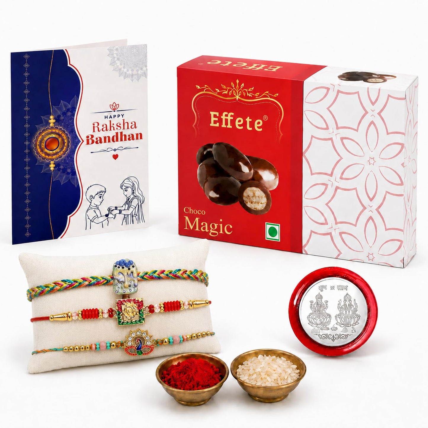 Rakhi with Chocolate for Brother (Set of 7) – Raksha Bandhan Festival Celebration Combo with Peacock, OM & Kids Design Rakhi, Chocolate, Roli Chawal, Silver Color Pooja Coin & Greeting Card