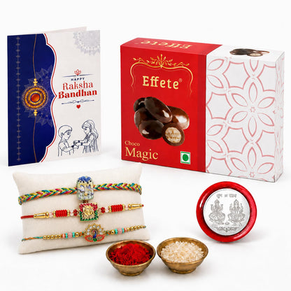 Rakhi with Chocolate for Brother (Set of 7) – Raksha Bandhan Festival Celebration Combo with Peacock, OM & Kids Design Rakhi, Chocolate, Roli Chawal, Silver Color Pooja Coin & Greeting Card
