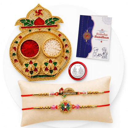 Floral, Peacock Rakhi Combo - Raksha Bandhan Gift with Kalash Shape Pooja Thali, Pack of 6
