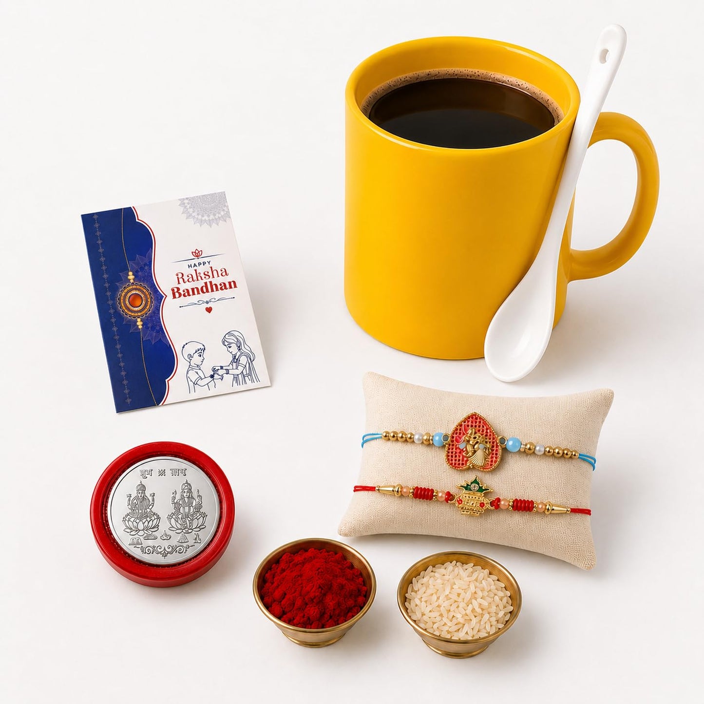 Radha Multicolor Rakhi & Coffee Mug – Raksha Bandhan Gift Combo for Bhai (Pack of 6)