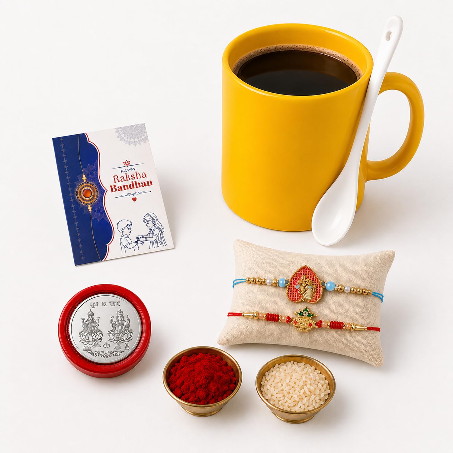 Radha Multicolor Rakhi & Coffee Mug – Raksha Bandhan Gift Combo for Bhai (Pack of 6)