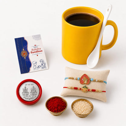 Radha Multicolor Rakhi & Coffee Mug – Raksha Bandhan Gift Combo for Bhai (Pack of 6)