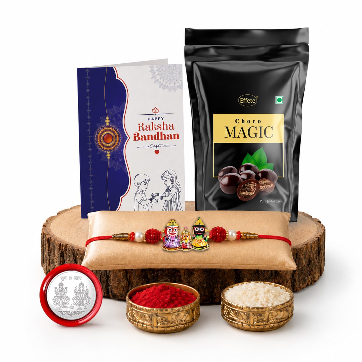 Lord Jagannath Rakhi for Brother with Choco Magic Pouch, Coin & Card, Pack of 5