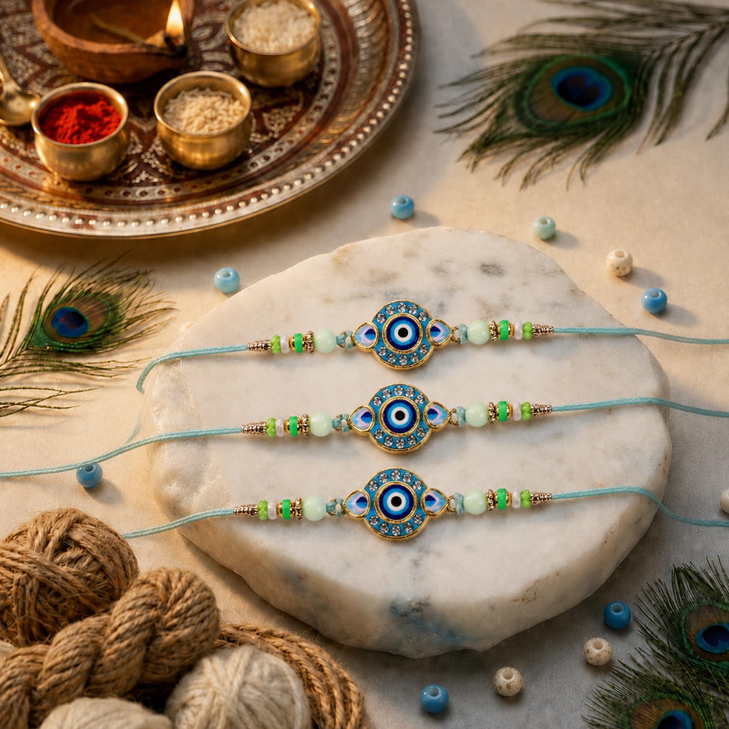 Elegant Handcrafted Multicolor Rakhi for Brother with Roli Tikka, Pack of 3