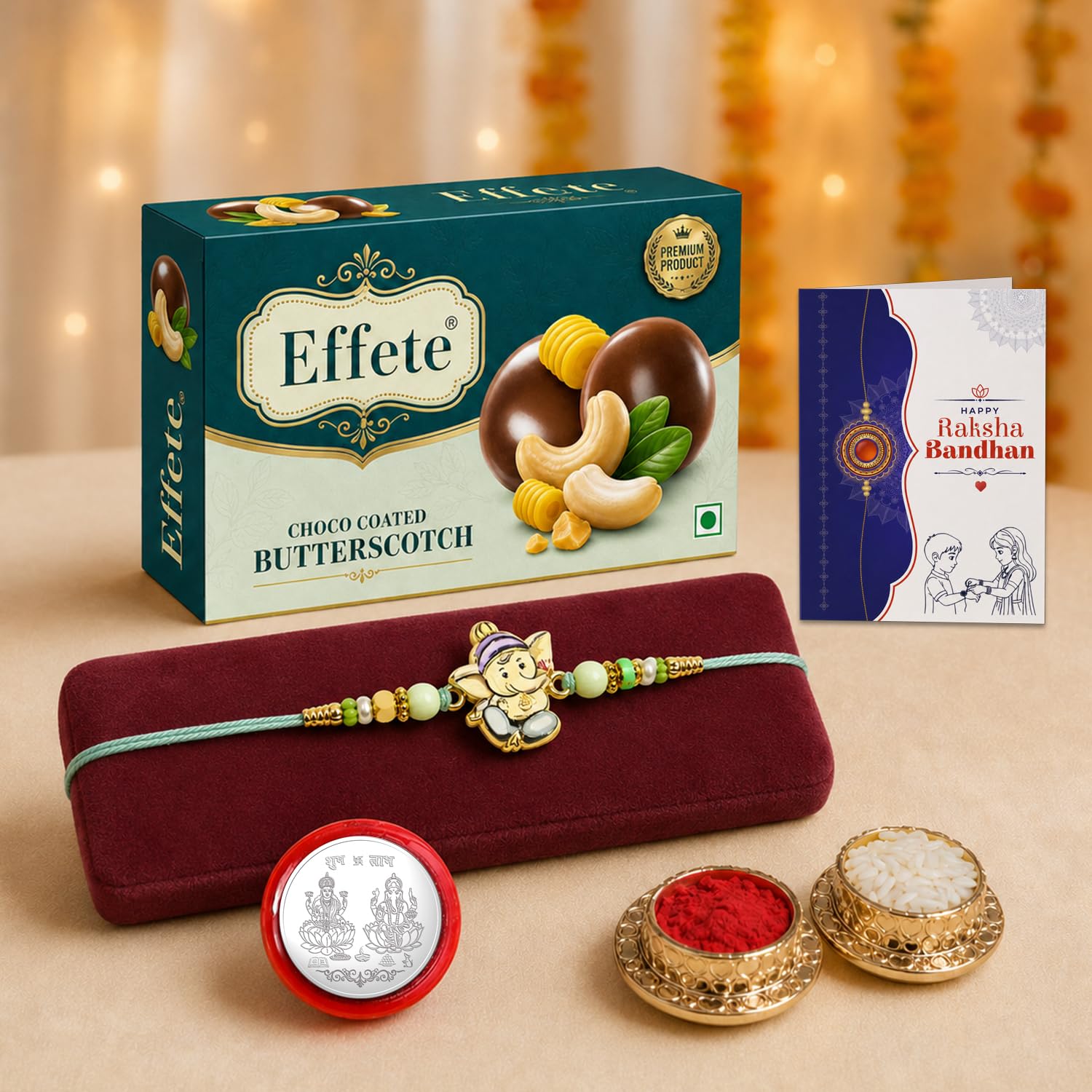 Ganesha Rakhi for Brother with Butter Scotch 32gm, Roli Tikka & Card, Pack of 5