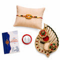 OM Multicolor Rakhi for Brother & Bhaiya with Leaf Shape Pooja Thali | Pack of 5