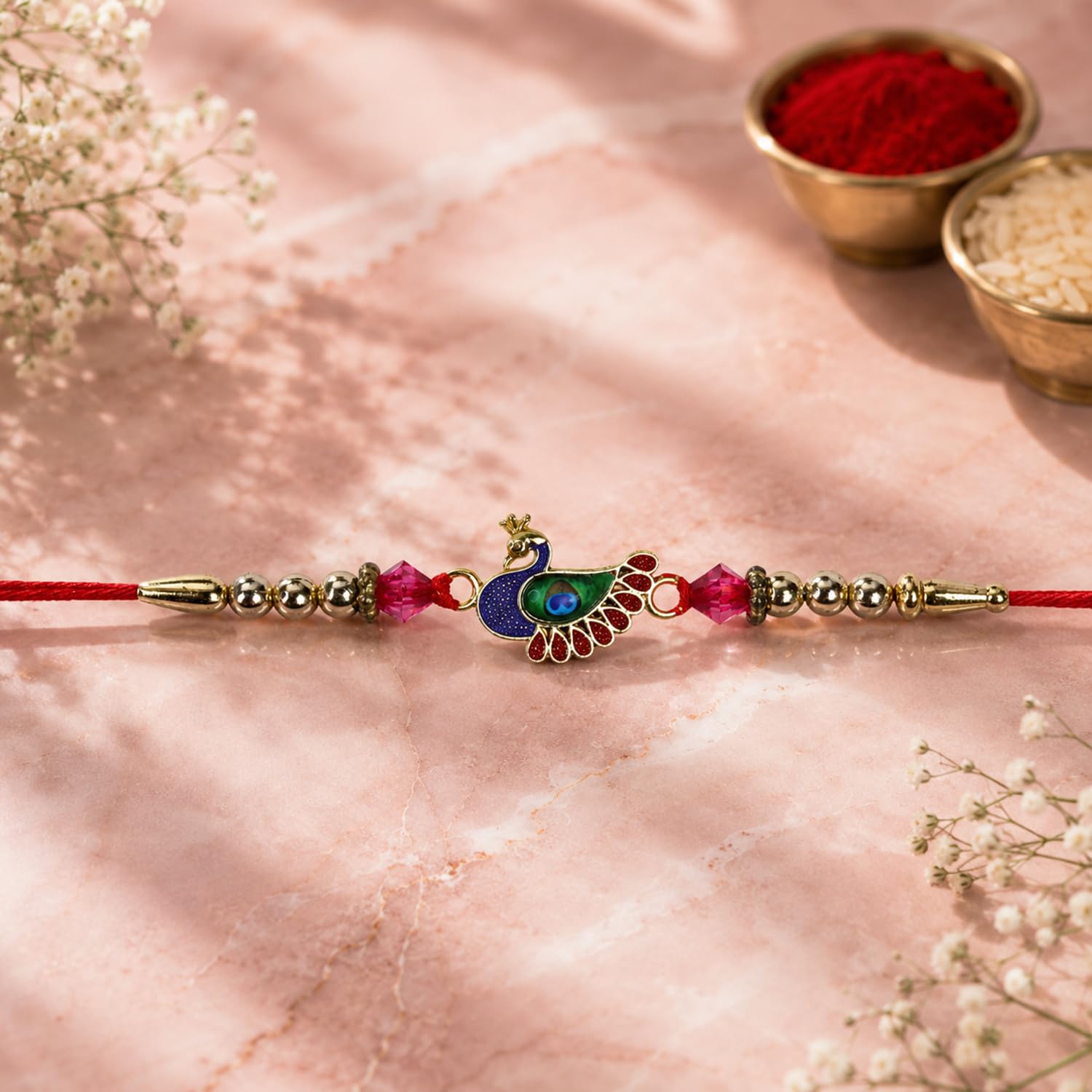 Elegant Peahen Rakhi for Brother with Butter Scotch 96gm, Coin & Card, Pack of 5