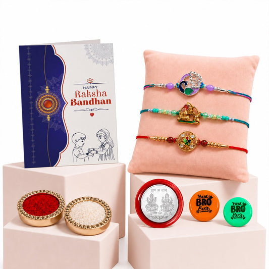 Peacock, Lord Krishna, Kundan Multicolor Rakhi for Brother & Bhaiya | Pack of 7