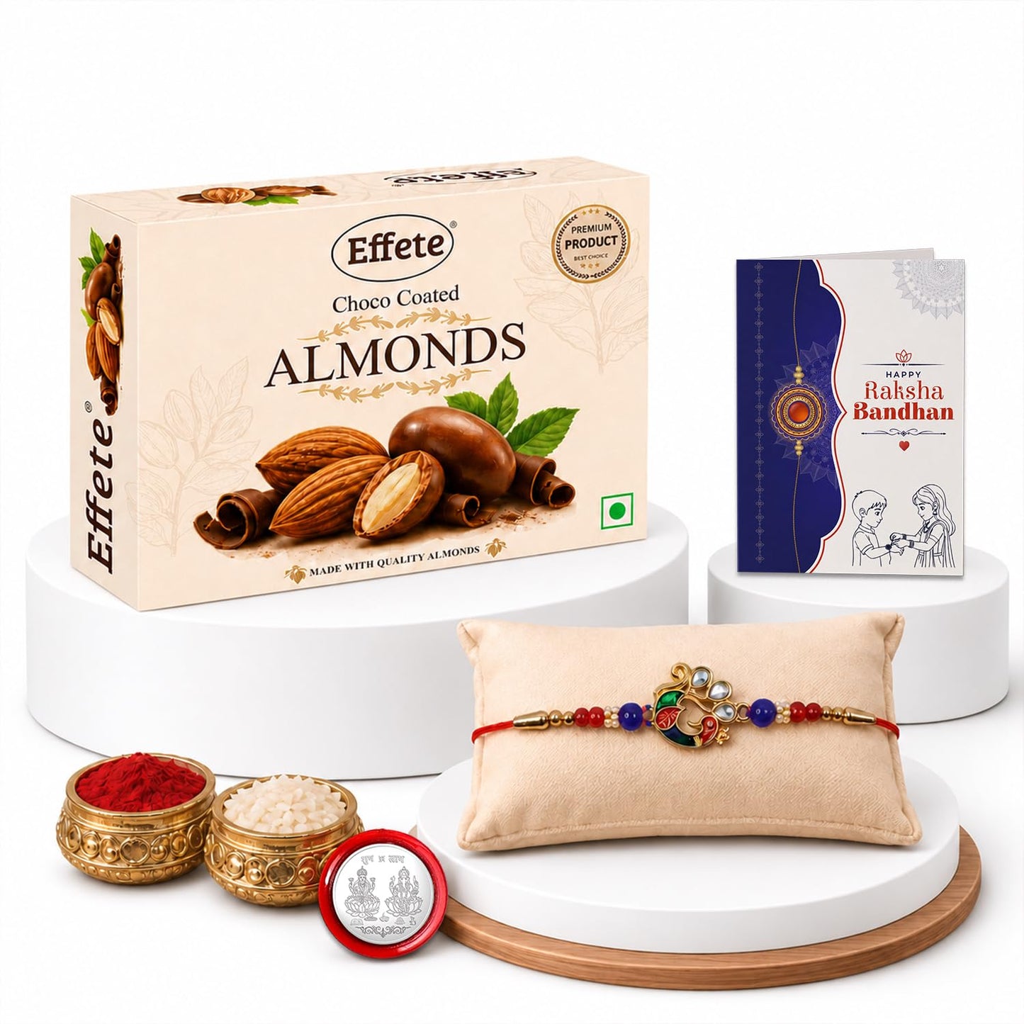 Multicolor Peacock Rakhi & Chocolate Almonds 32gm with Roli Chawal, Silver Color Pooja Coin & Greeting Card, Rakhi with chocolate, Rakshbandhan Combo, Pack of 5 For Raksha Bandhan