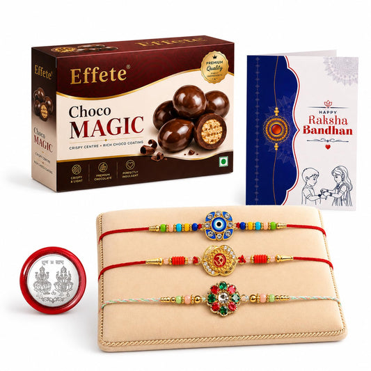 Rakhi with Chocolate for Brother (Set of 7) – Raksha Bandhan Festival Celebration Pack with Evil Eye, Flower & OM Design Rakhi, Chocolate, Roli Chawal, Silver Color Pooja Coin & Greeting Card