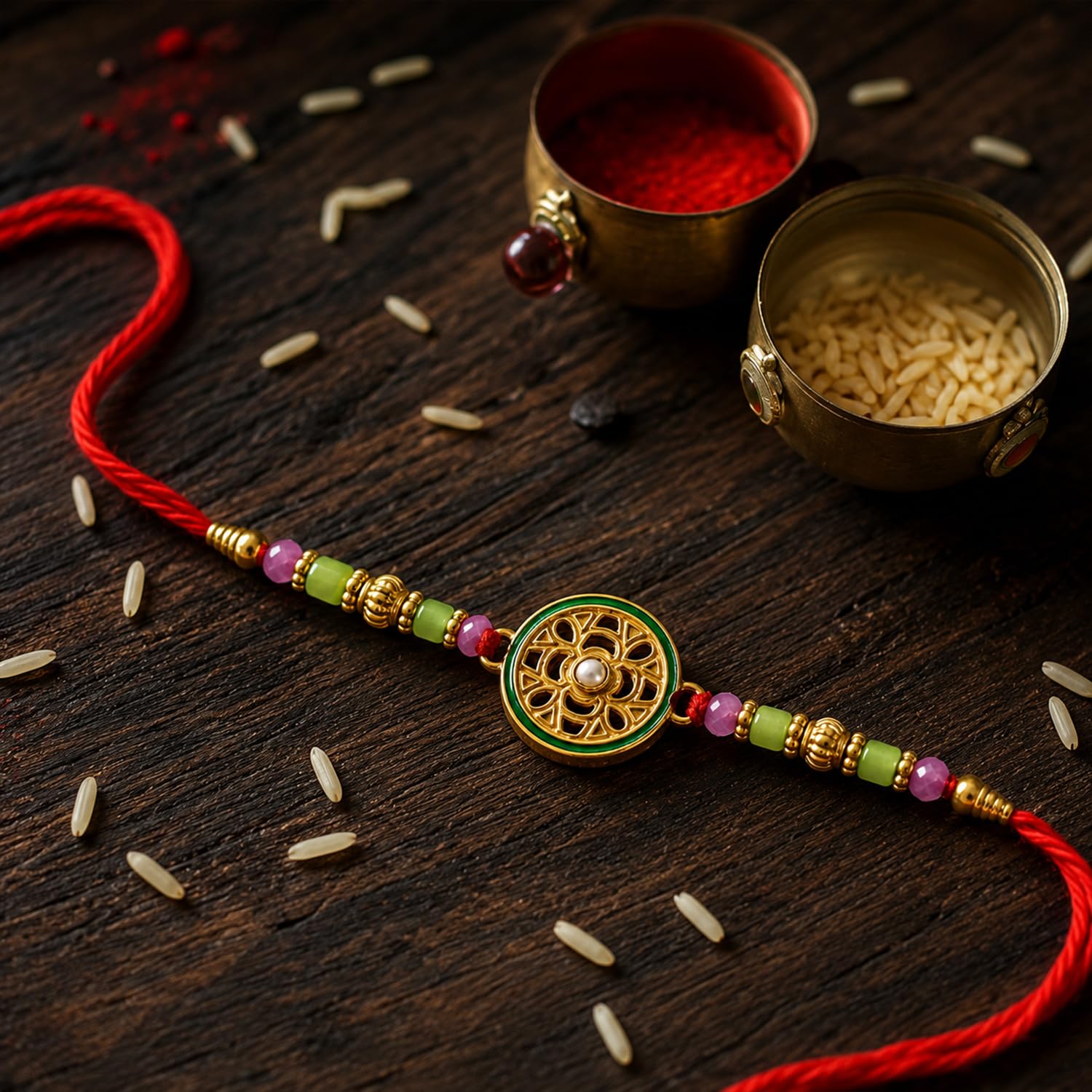 Classic Design Rakhi for Brother with Rose Almond 96gm, Coin & Card, Pack of 5