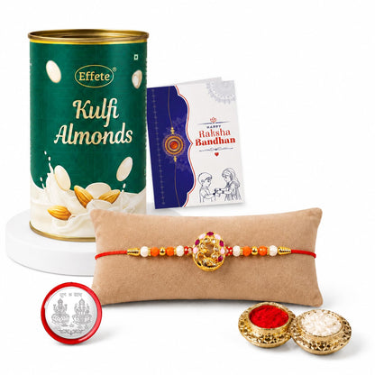 Peacock Rakhi for Brother with Kulfi Almonds 96gm, Roli Tikka & Card, Pack of 5