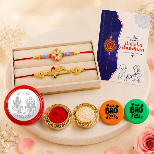 Flower, Bansuri Multicolor Rakhi & Multicolour Decorative Magnets 2pcs with Roli