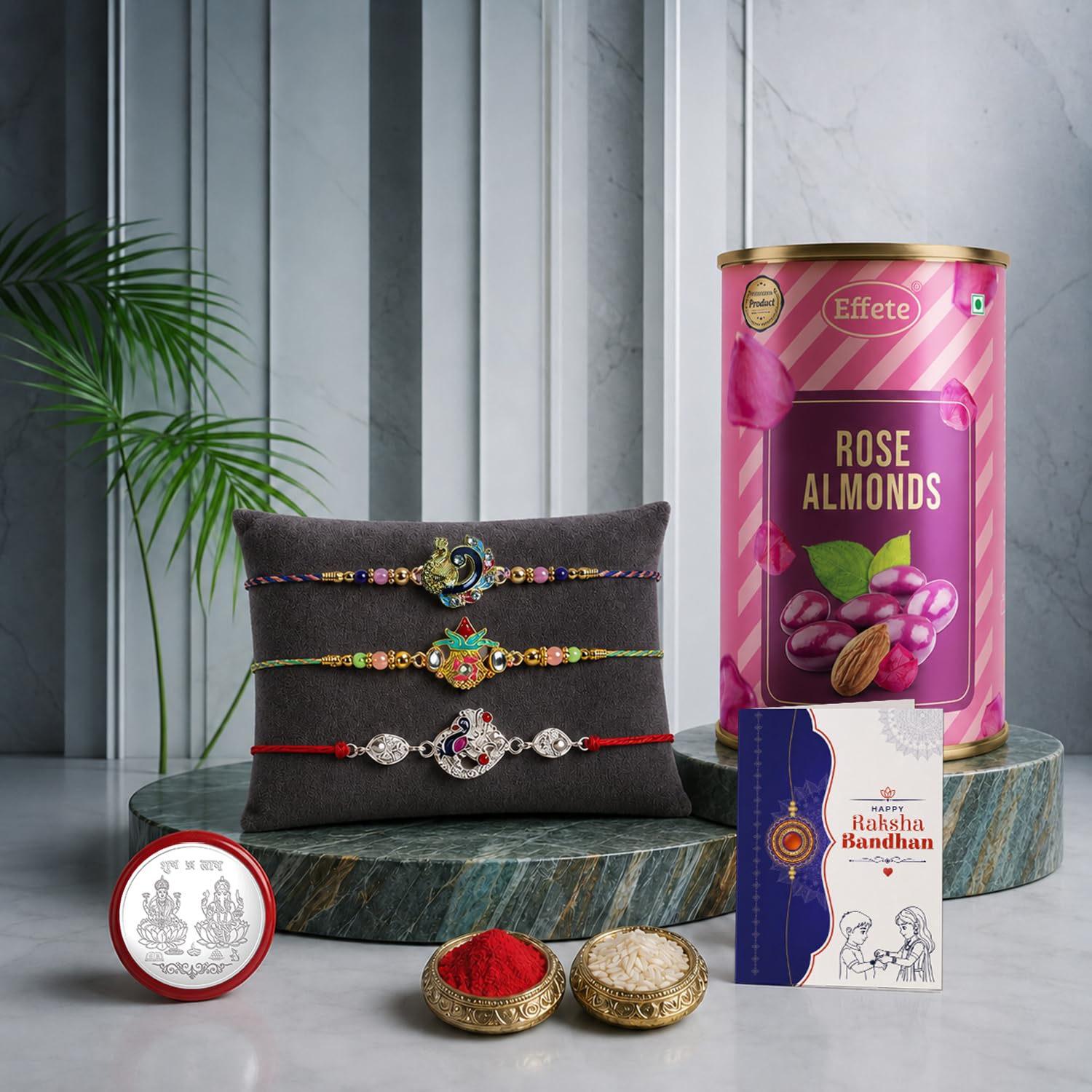 Peacock Rakhi for Brother with Rose Almond - Raksha Bandhan Gift Set, Pack of 7