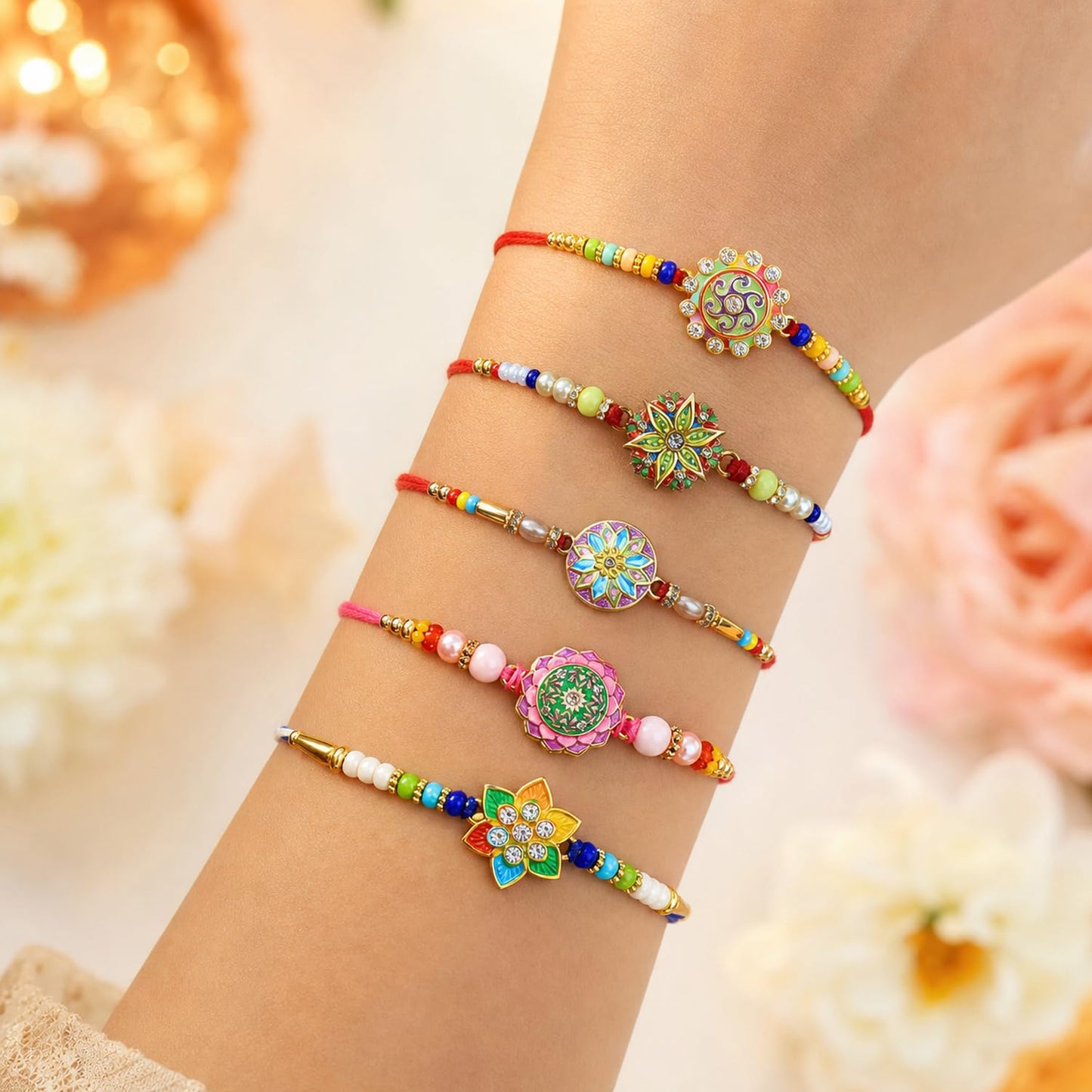 Elegant Gorgeous Rakhi for Brother with Roli Tikka, Pooja Coin & Card, Pack of 8