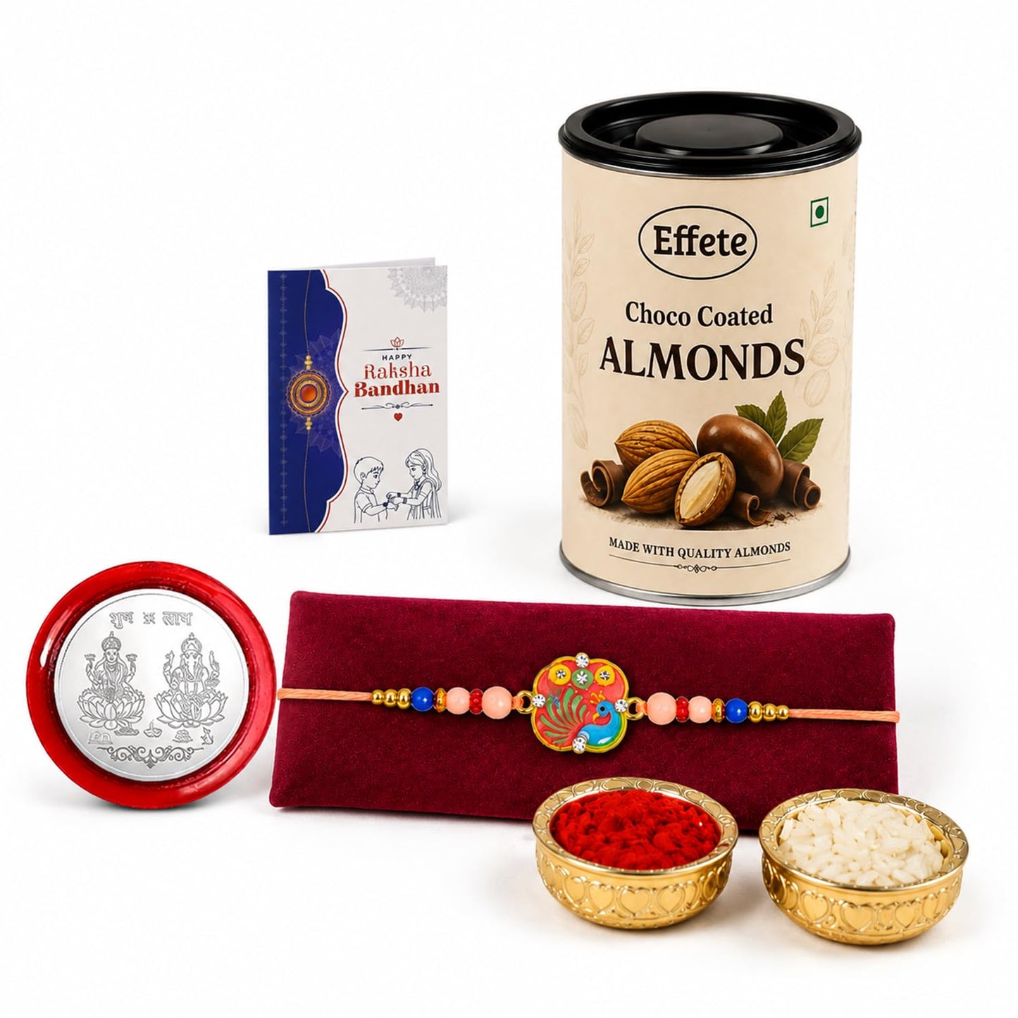Peacock Rakhi Combo - Raksha Bandhan Gift with Choco Almonds 96gm, Pack of 5 | Rakhi Gift