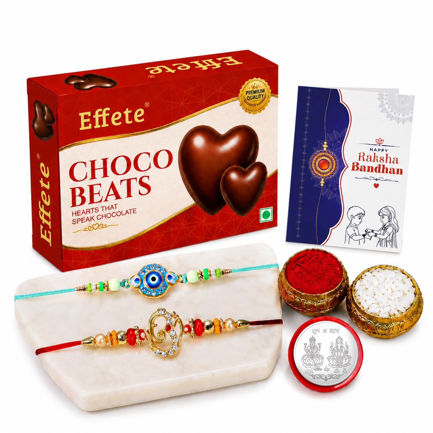 Designer Rakhi for Brother with Choco Beats 32gm, Roli Tikka & Card | Pack of 6