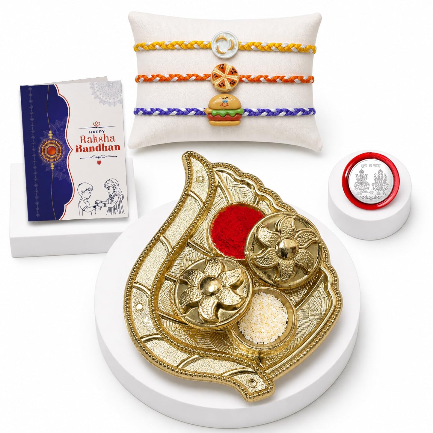 Rouund, Food Rakhi Combo - Raksha Bandhan Gift with Leaf Design Pooja Thali, Pack of 7