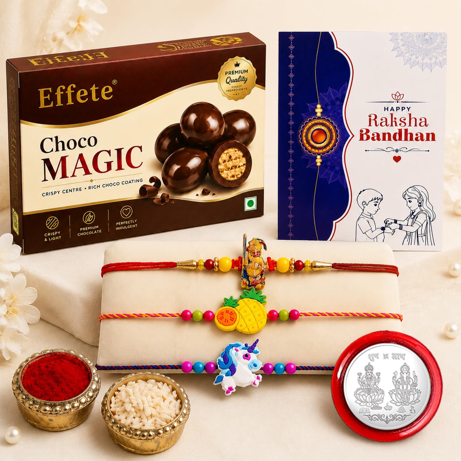 Pineapple Rakhi for Brother with Choco Magic 96gm, Roli Tikka & Card, Pack of 7