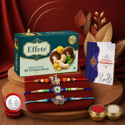 Krishna Cow Rakhi Combo - Raksha Bandhan Gift with Choco Butterscotch 32gm, Pack of 7