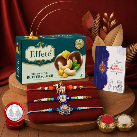 Krishna Cow Rakhi Combo - Raksha Bandhan Gift with Choco Butterscotch 32gm, Pack of 7
