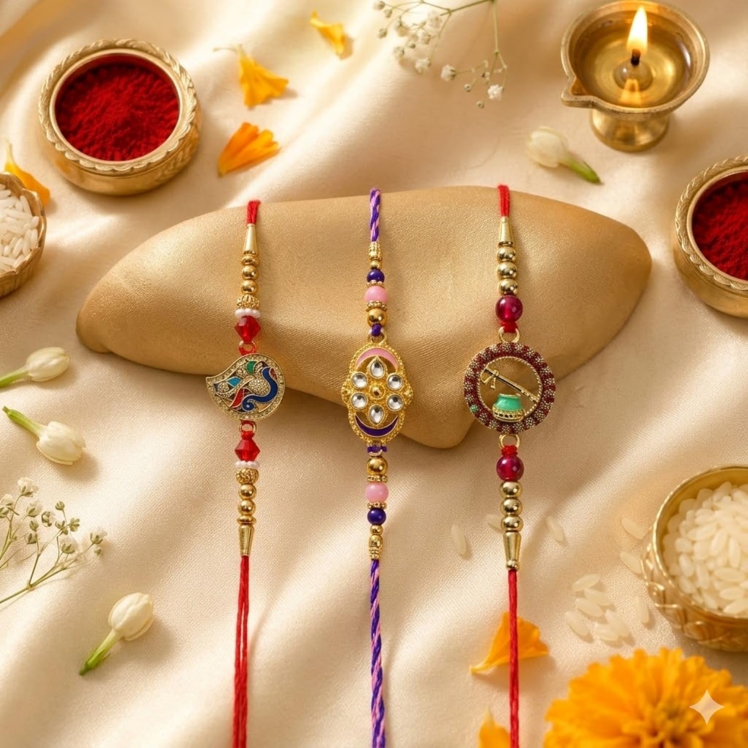 Daisy Kundan Rakhi for Brother with Choco Dryfruits 96gm, Coin & Card, Pack of 7