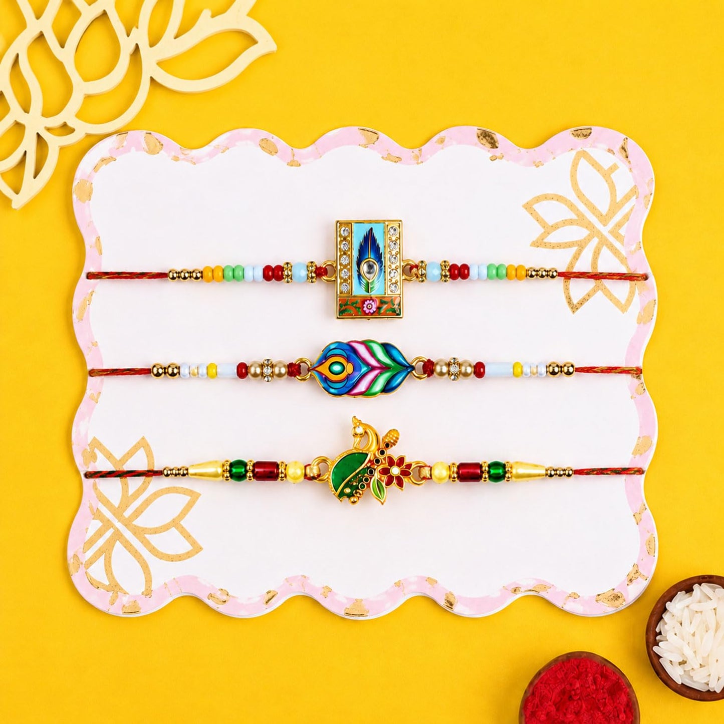 Designer Stylish Multicolor Feather Rakhi for Brother with Roli Tikka, Pack of 6