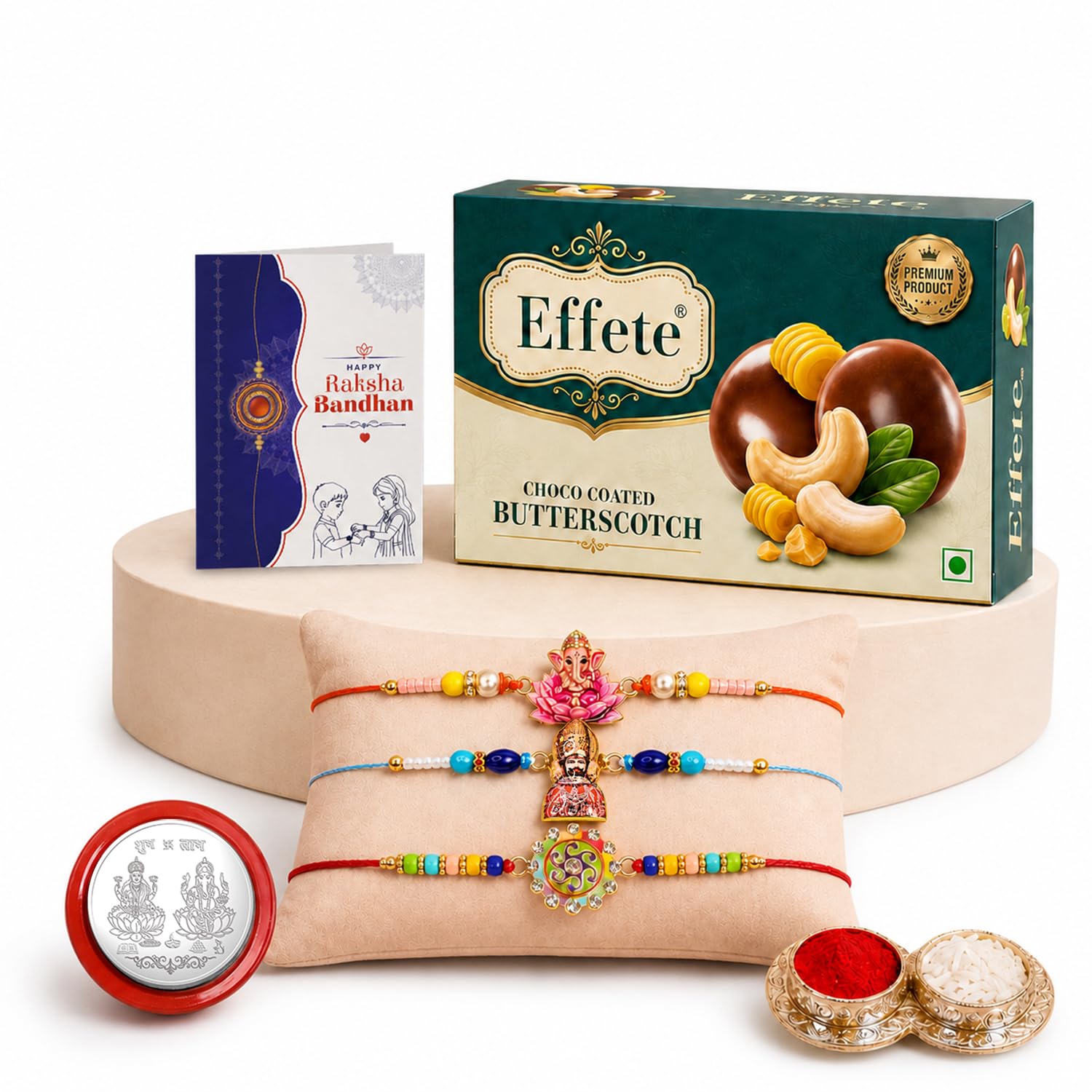 Khatu Shyam Rakhi Combo - Raksha Bandhan Gift with Choco Butterscotch 32gm, Pack of 7