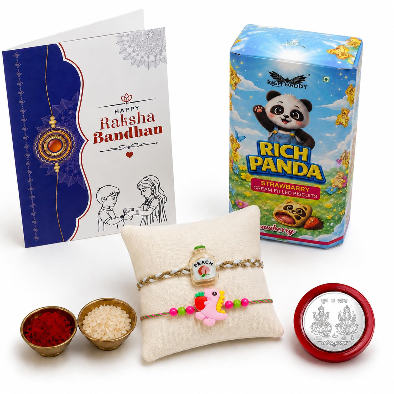 Food Rakhi for Brother with Strawberry Biscuit 60gm, Coin & Card - Pack of 6