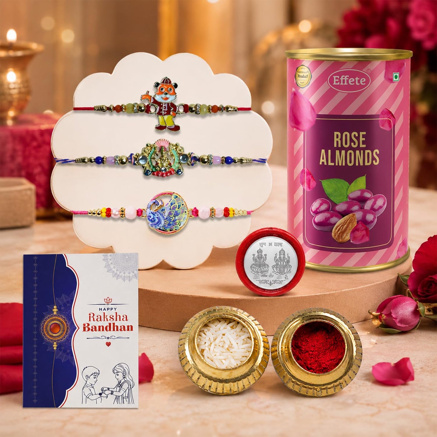Designer Rakhi for Brother with Rose Almond 96gm, Roli Chawal & Card, Pack of 3