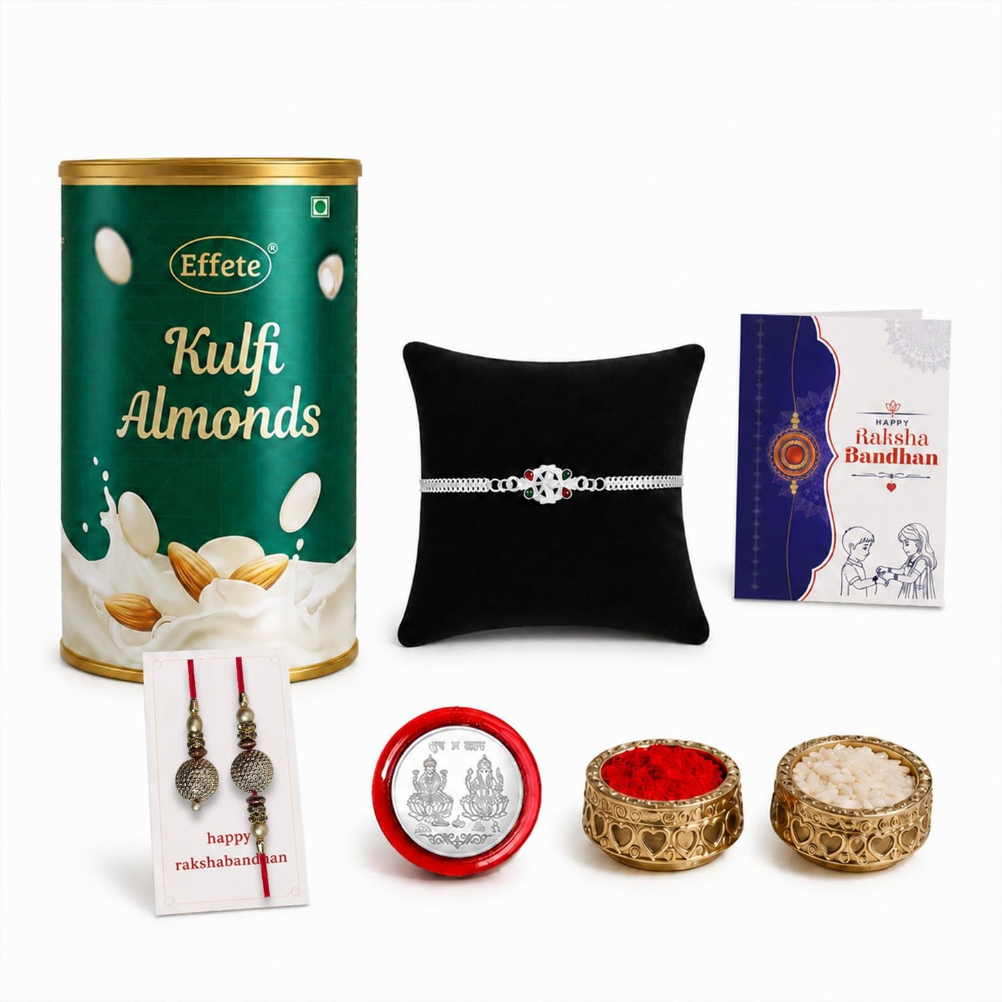 Designer Rakhi for Brother with Kulfi Almonds 96gm, Roli Tikka & Card, Pack of 6